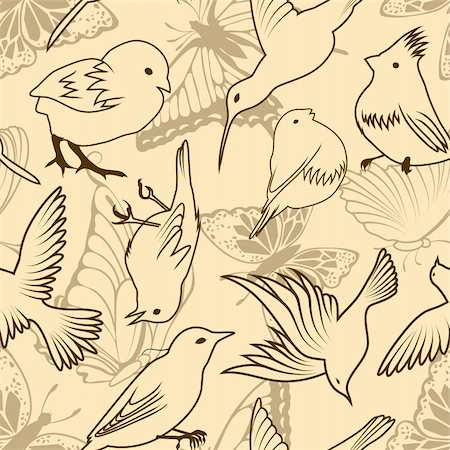 simsearch:400-04742704,k - Seamless vector bird and butterfly pattern. For easy making seamless pattern just drag all group into swatches bar, and use it for filling any contours. Foto de stock - Royalty-Free Super Valor e Assinatura, Número: 400-05701666