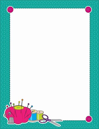 A border or frame featuring sewing supplies in the lower left corner - scissors,pin cushion,thread,thimble Stock Photo - Budget Royalty-Free & Subscription, Code: 400-05702902