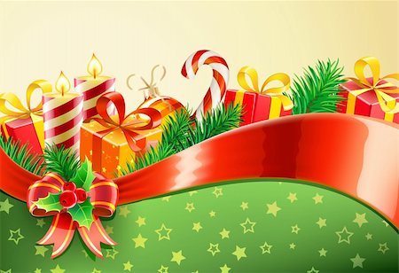 simsearch:400-05695809,k - Vector illustration of Christmas decorative background with red bow, ribbon, candles, holly leaves and berries Stock Photo - Budget Royalty-Free & Subscription, Code: 400-05703363