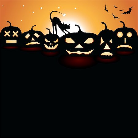 simsearch:400-04236303,k - Pumpkins at night with moon and cat Fotografie stock - Microstock e Abbonamento, Codice: 400-05714085