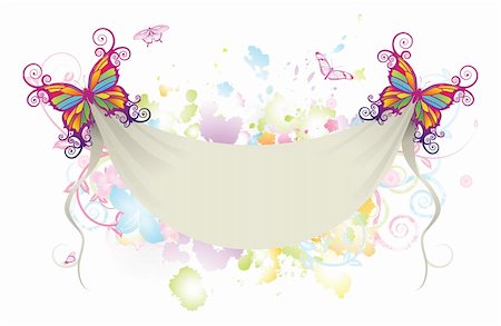 Abstract background of flowers with butterflies holding up a sheet banner with space for text Stock Photo - Budget Royalty-Free & Subscription, Code: 400-05714125