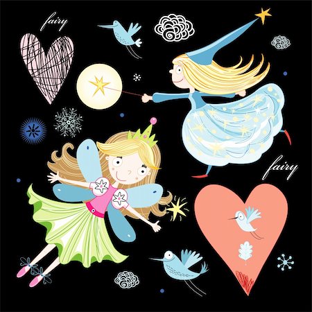 bright fun fairies and birds on a black background with hearts and clouds Stock Photo - Budget Royalty-Free & Subscription, Code: 400-05714399