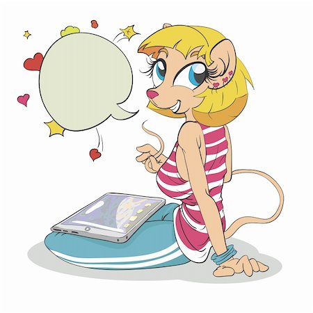 Mouse girl sits with Tablet Komputer. Done separately in color and grayscale. The isolated vector illustration. Stock Photo - Budget Royalty-Free & Subscription, Code: 400-05714810