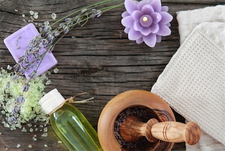 salt border - Lavender spa with essential oil over wooden background Stock Photo - Budget Royalty-Free & Subscription, Code: 400-05715034