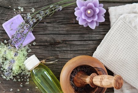 sea salt in bowl - Lavender spa with essential oil over wooden background Stock Photo - Budget Royalty-Free & Subscription, Code: 400-05715034