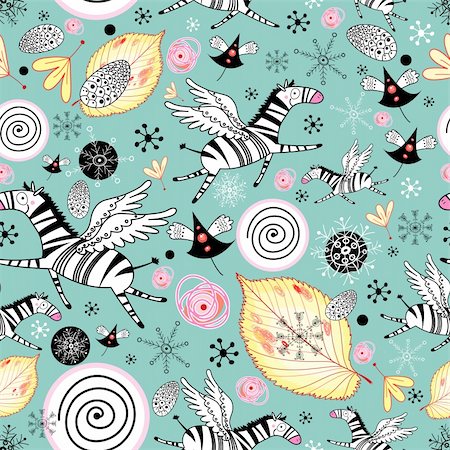 seamless colorful pattern with zebras on a green background with snowflakes and leaves Stock Photo - Budget Royalty-Free & Subscription, Code: 400-05715784