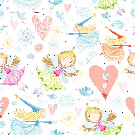 simsearch:400-05755345,k - seamless pattern with bright cheerful fairies on a white background with clouds, hearts and snowflakes Stock Photo - Budget Royalty-Free & Subscription, Code: 400-05715787