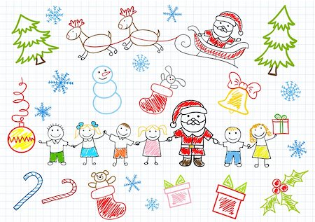 santa claus sleigh flying - Vector drawings - Santa Claus and children. Sketch on notebook page Stock Photo - Budget Royalty-Free & Subscription, Code: 400-05715811