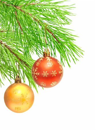 simsearch:400-06477568,k - Christmas ornaments on a branch of a pine. Isolated over white Stockbilder - Microstock & Abonnement, Bildnummer: 400-05715827