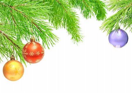 simsearch:400-06477568,k - Christmas ornaments on a branch of a pine. Isolated over white Stockbilder - Microstock & Abonnement, Bildnummer: 400-05715828