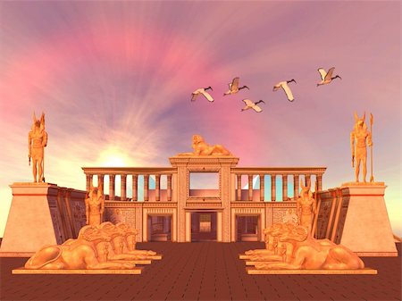 simsearch:400-05369356,k - A flock of Sacred Ibis birds fly over an Egyptian palace and its entrance lined with Ram God Khnum statues. Stock Photo - Budget Royalty-Free & Subscription, Code: 400-05715911