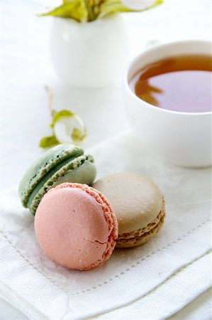 traditional french macarons with tea set on the background Stock Photo - Budget Royalty-Free & Subscription, Code: 400-05716575