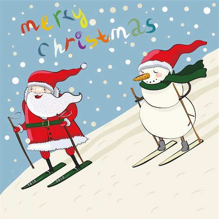 santa claus ski - Cartoon santa and snowman ski. Vector illustration. Stock Photo - Budget Royalty-Free & Subscription, Code: 400-05716979
