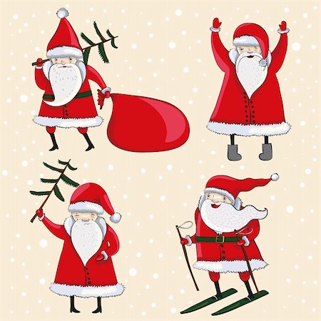 santa claus ski - Four happy cartoon Santa's with gifts and fur-tree. Vector illustration. Stock Photo - Budget Royalty-Free & Subscription, Code: 400-05717034