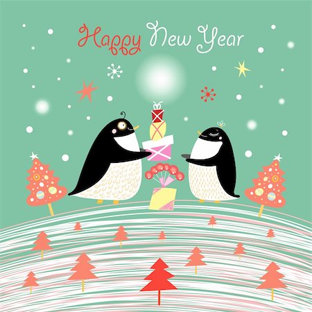 simsearch:400-05724880,k - bright green graphics card with the penguins and Christmas trees Photographie de stock - Aubaine LD & Abonnement, Code: 400-05717587