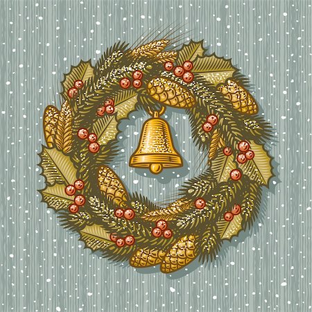 pine cone pattern - Retro Christmas wreath in woodcut style. Vector illustration. Foto de stock - Super Valor sin royalties y Suscripción, Código: 400-05718034