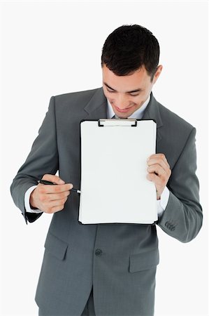 simsearch:400-05718341,k - Businessman explaining his notes against a white background Stock Photo - Budget Royalty-Free & Subscription, Code: 400-05718335