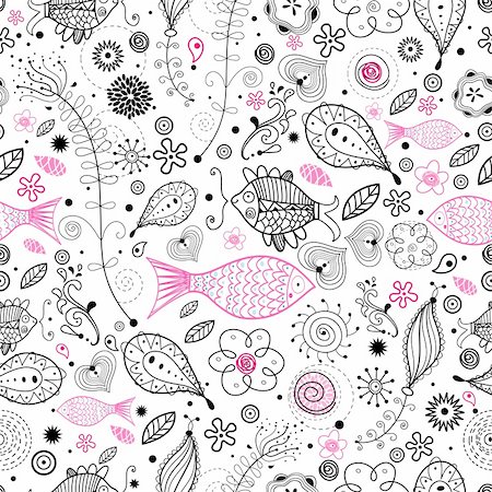 simsearch:400-05755345,k - seamless black and pink design with natural fish on a white background Stock Photo - Budget Royalty-Free & Subscription, Code: 400-05718760