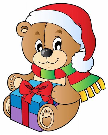 ribbon for christmas cartoon - Christmas teddy bear with gift - vector illustration. Stock Photo - Budget Royalty-Free & Subscription, Code: 400-05718968