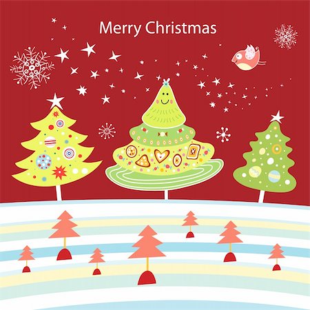 drawing designs for greeting card - Christmas trees to vibrant burgundy background with snowflakes and stars Stock Photo - Budget Royalty-Free & Subscription, Code: 400-05719143