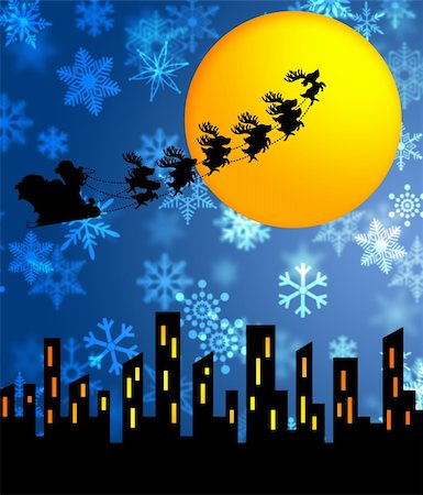 simsearch:400-05732786,k - Santa Sleigh and Reindeers Flying over the City with Moon Illustration Stock Photo - Budget Royalty-Free & Subscription, Code: 400-05719258