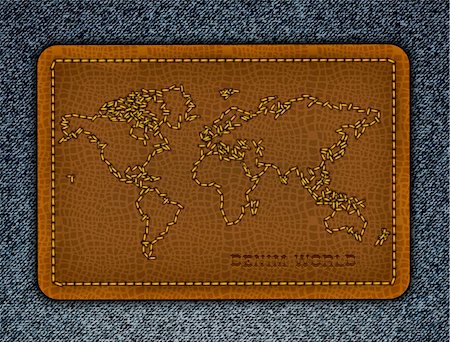 fashion maps illustration - World map on a leather label. Realistic vector denim background. Stock Photo - Budget Royalty-Free & Subscription, Code: 400-05719428