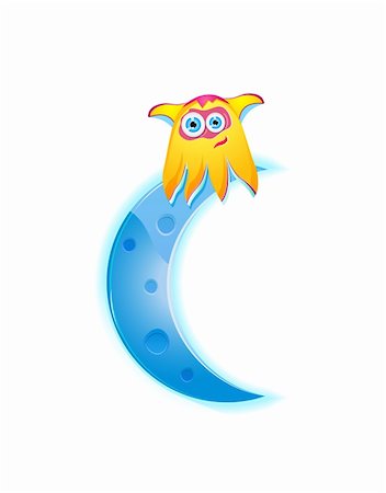 simsearch:400-04273714,k - cute yellow monster sitting on the cyan moon crescent. Vector illustration isolated on white background. Stock Photo - Budget Royalty-Free & Subscription, Code: 400-05719562