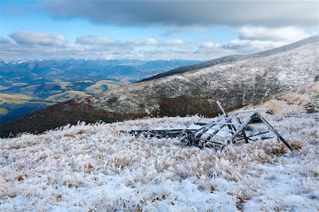 simsearch:400-05713513,k - October Carpathian mountain Borghava plateau with first winter snow and wooden shed ruins Stock Photo - Budget Royalty-Free & Subscription, Code: 400-05719596