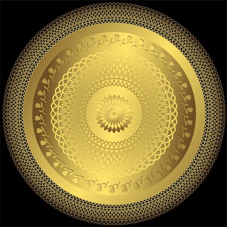 flower border patterns - Decorative gold round plate on black background (vector) Stock Photo - Budget Royalty-Free & Subscription, Code: 400-05710882