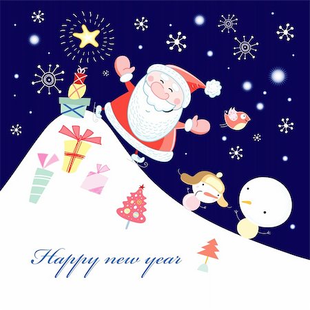 santa silhouette - graphics card with Santa Claus and snowmen on a blue background with snowflakes and a slide Stock Photo - Budget Royalty-Free & Subscription, Code: 400-05712694