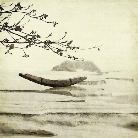 Fishing Boat and Almond Tree Textured Art Background Chinese Style Photographie de stock - Aubaine LD & Abonnement, Code: 400-05713019
