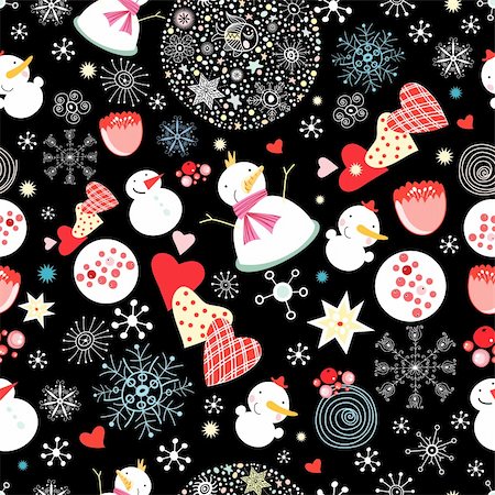 New seamless pattern with snowmen and hearts on a black background with snowflakes Stock Photo - Budget Royalty-Free & Subscription, Code: 400-05713089