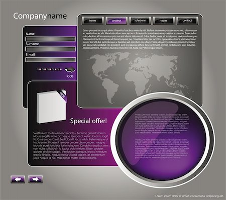 simsearch:400-07829145,k - web site design template for company with purple background, white frame, arrows and world map Photographie de stock - Aubaine LD & Abonnement, Code: 400-05713613