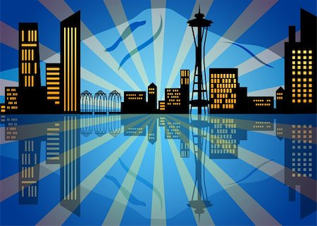 simsearch:400-04355459,k - Reflection of Seattle Washington City Skyline at Night Illustration Stock Photo - Budget Royalty-Free & Subscription, Code: 400-05724075