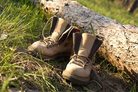 Pair of trekking boots in forest near fallen tree Stock Photo - Budget Royalty-Free & Subscription, Code: 400-05725225