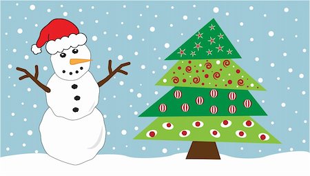 simsearch:400-04048124,k - Festive snowy Christmas tree and snowman Stock Photo - Budget Royalty-Free & Subscription, Code: 400-05725722