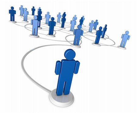 High resolution 3D illustration of icon people linked by communication lines that start from one red person out in front of the crowd. Stock Photo - Budget Royalty-Free & Subscription, Code: 400-05725754