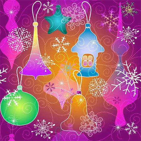 simsearch:400-04728067,k - Purple seamless pattern with Christmas toys and snowflakes and curls  (vector EPS 10) Foto de stock - Super Valor sin royalties y Suscripción, Código: 400-05725934