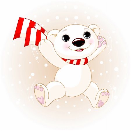 polar bear jumping - Cute polar bear with scarf jumping in snowfall Stock Photo - Budget Royalty-Free & Subscription, Code: 400-05726015