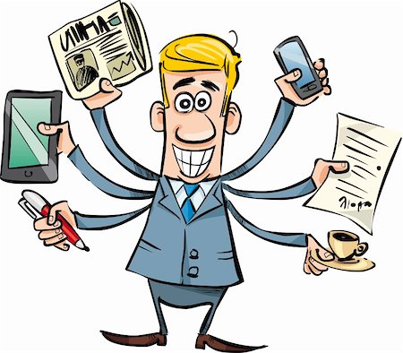 cartoon illustration of busy businessman with tablet, newspaper, smartphone, pen, coffee and agreement Foto de stock - Super Valor sin royalties y Suscripción, Código: 400-05727254