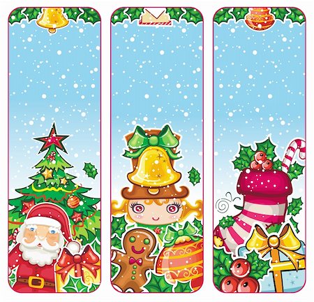 simsearch:400-05735543,k - Christmas holiday vertical banners: Santa Claus, Children, Decorations, Presents, Christmas tree, gingerbread man, holly, snowflakes. place for your own text. Christmas stoking. Photographie de stock - Aubaine LD & Abonnement, Code: 400-05727819