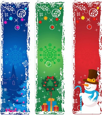 snow winter cartoon clipart - Three vertical Christmas banners. Blue, green, red with snowman, gifts and tree. Stock Photo - Budget Royalty-Free & Subscription, Code: 400-05727977