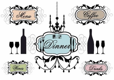 food antique illustrations - candlelight dinner frames for restaurant, vector set Foto de stock - Super Valor sin royalties y Suscripción, Código: 400-05728185