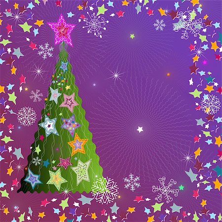 simsearch:400-06083486,k - Christmas violet frame with tree, stars and snowflakes (vector) Stockbilder - Microstock & Abonnement, Bildnummer: 400-05728271