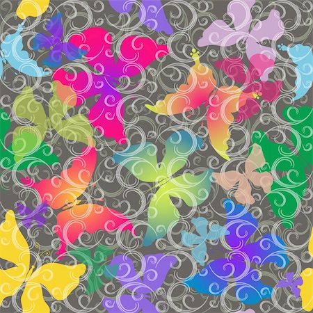 simsearch:400-05890035,k - Seamless gray pattern with colorful transparent butterflies and curls (vector EPS 10) Foto de stock - Super Valor sin royalties y Suscripción, Código: 400-05729112