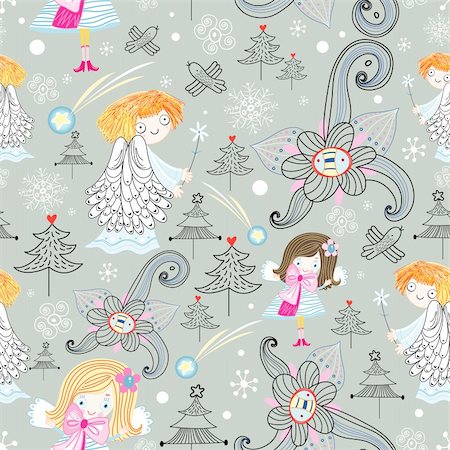 simsearch:400-05903131,k - seamless graphic design of the angels and snowflakes on a gray background Fotografie stock - Microstock e Abbonamento, Codice: 400-05729739