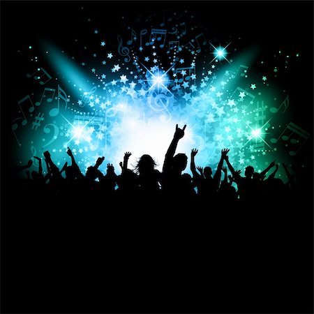 flowing musical notes illustration - Silhouette of an excited crowd on a music notes background Stock Photo - Budget Royalty-Free & Subscription, Code: 400-05720371