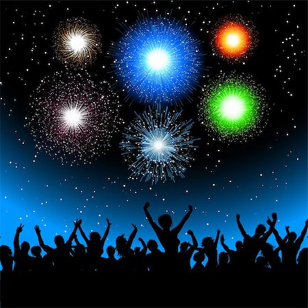 pictures of man at new years eve party - Silhouette of a party crowd against a sky filled with  exploding fireworks Stock Photo - Budget Royalty-Free & Subscription, Code: 400-05720388