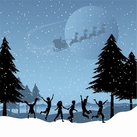 Silhouettes of children playing in the snow with santa flying in the sky Stock Photo - Budget Royalty-Free & Subscription, Code: 400-05720397