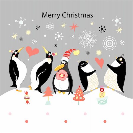 Bright Christmas card with gay penguins on a gray background with snowflakes Stock Photo - Budget Royalty-Free & Subscription, Code: 400-05720610